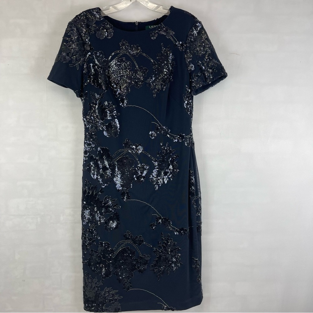 Lauren Ralph Lauren Women’s Sequin Floral Short‎ Sleeve Navy Sheath Dress Size 8
